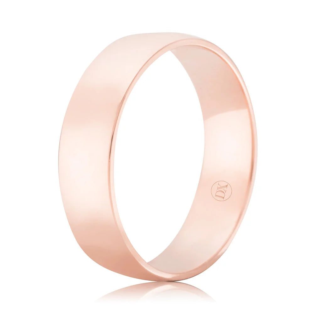 A simple, polished rose gold band ring with a small engraved logo on the inner surface, shown on a white background.
