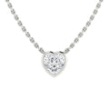 Silver chain necklace with a heart-shaped diamond pendant set in a simple, elegant metal frame.