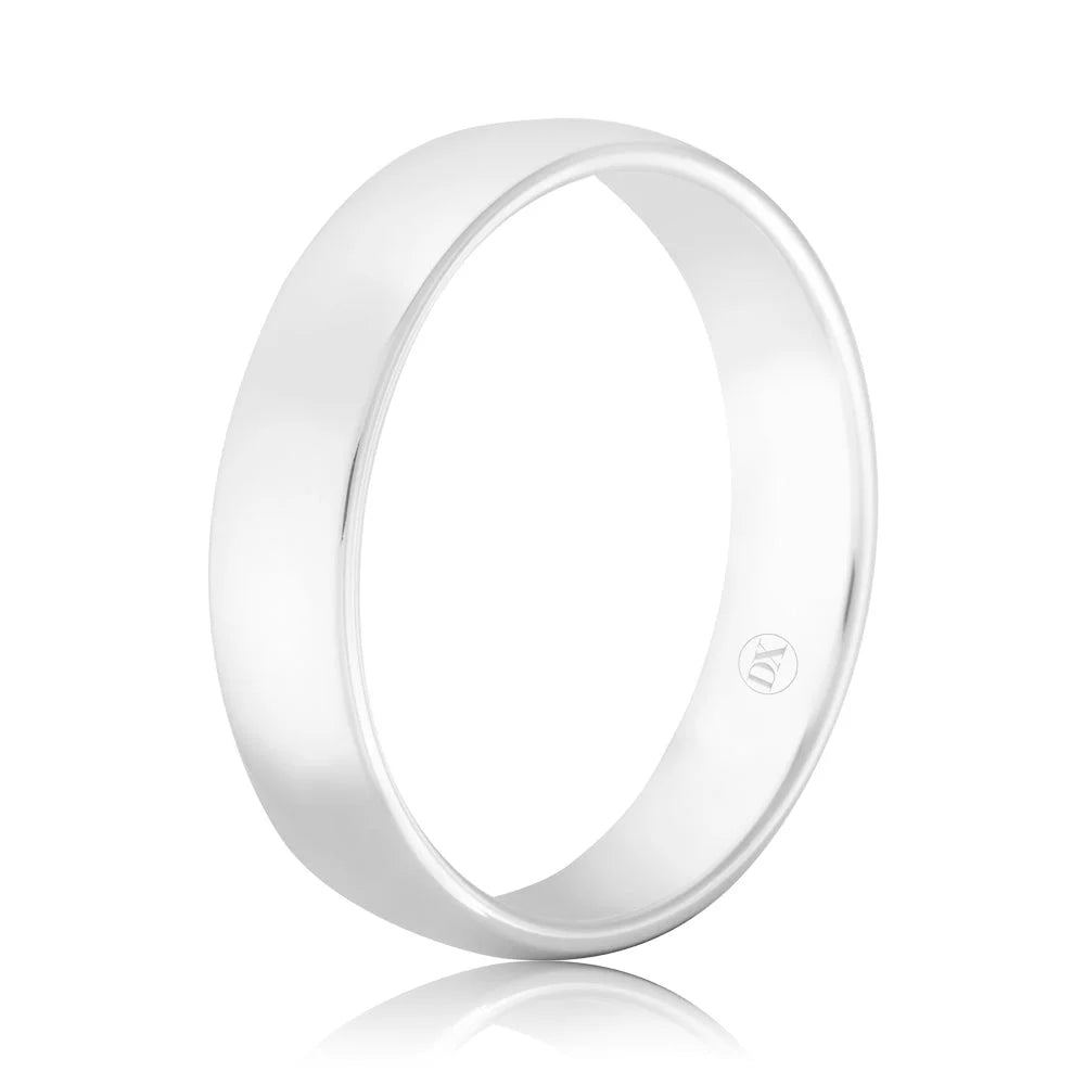 Simple, polished silver band ring with a smooth surface and a small engraved symbol inside, on a white background.