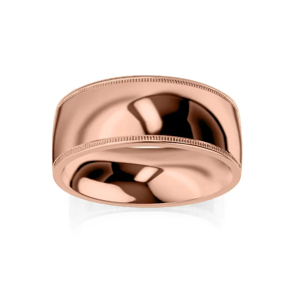 Wide, polished rose gold ring with subtle milgrain edges, displayed on a white background.