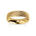 A gold wedding band with a brushed matte finish on the outer surface and a polished inner band.