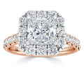 A princess-cut diamond ring with a square halo and round diamonds on a rose gold band.