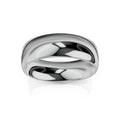 A shiny, wide silver ring with a smooth, polished surface on a white background.