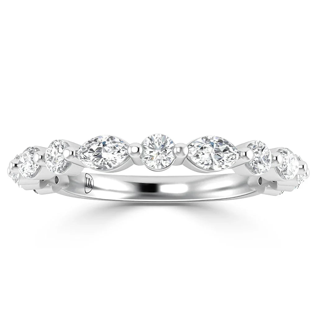 White gold ring with alternating marquise and round diamonds set in a continuous band, viewed from the side.