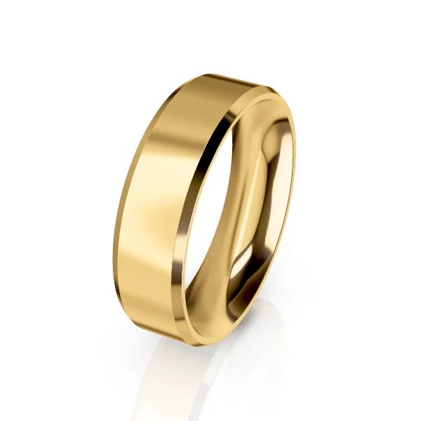 A plain, polished yellow gold band ring with a smooth, flat surface, shown on a white background.