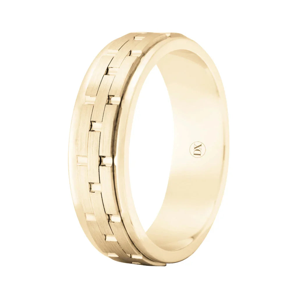 A gold ring with a brushed finish and a distinctive interlocking rectangular link pattern on one side.