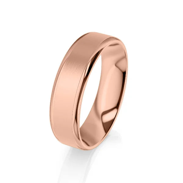 A simple, polished rose gold band ring with a smooth, matte center and shiny beveled edges on a white background.