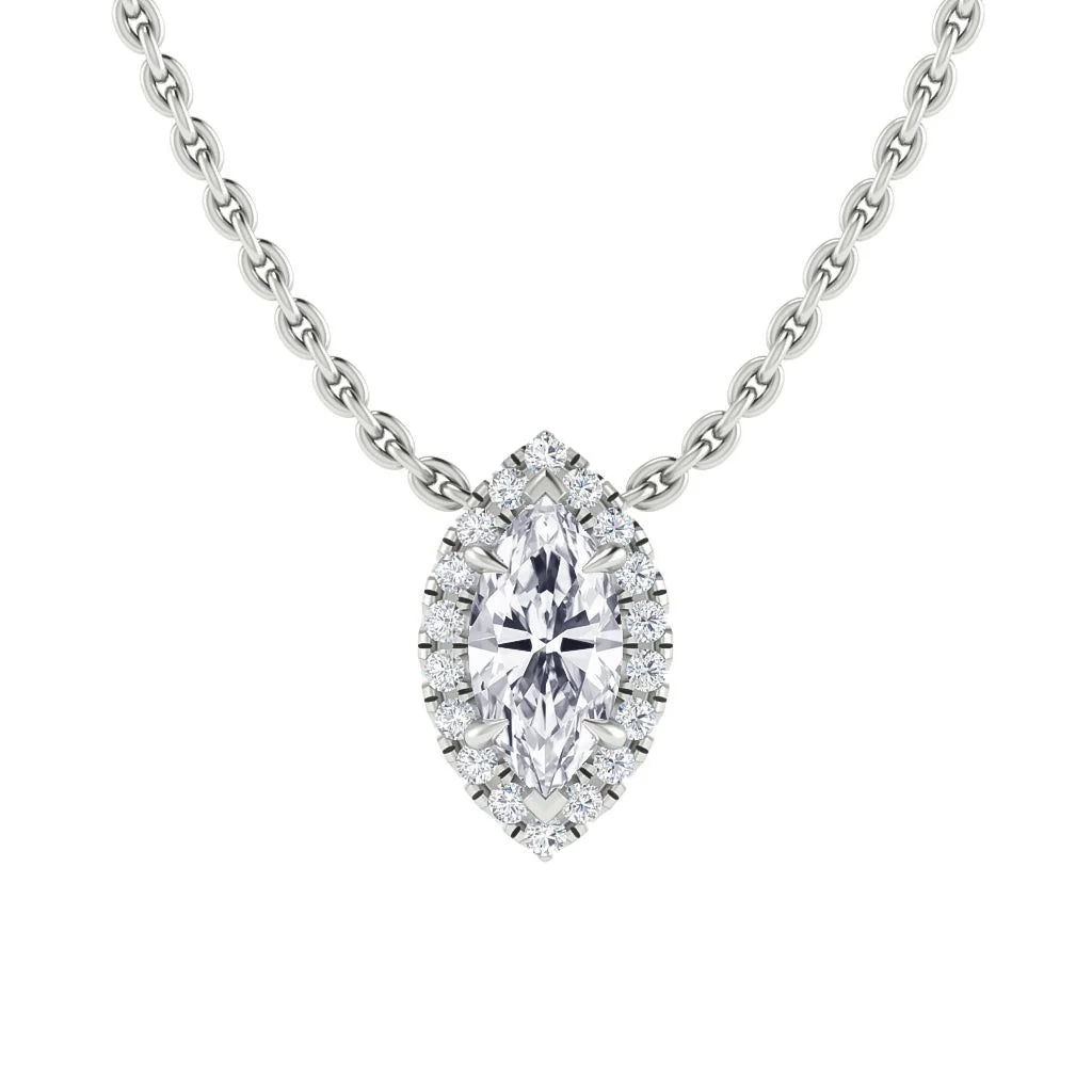 A marquise-cut diamond pendant with a halo of smaller diamonds on a silver chain, shown on a white background.