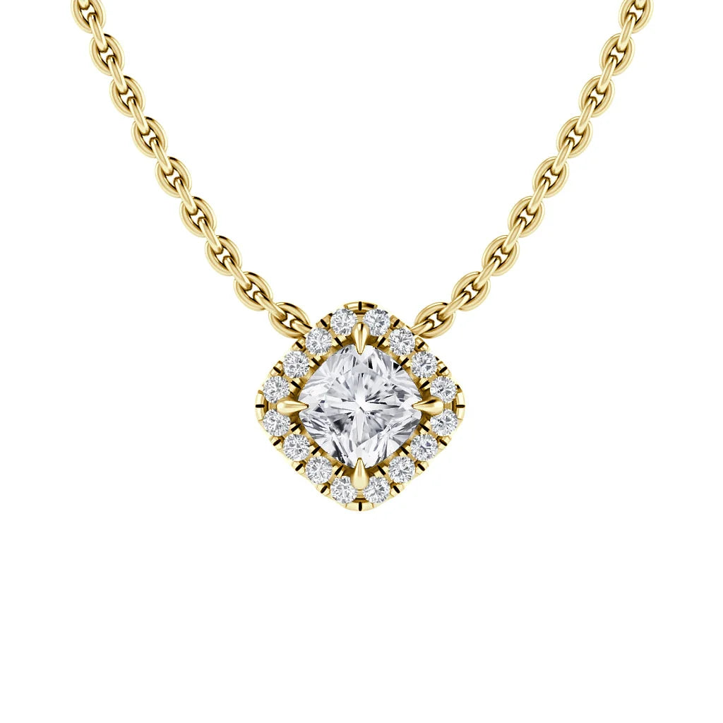 Gold chain necklace with a square diamond pendant surrounded by smaller diamonds, shown on a white background.