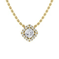Gold chain necklace with a square diamond pendant surrounded by smaller diamonds, shown on a white background.