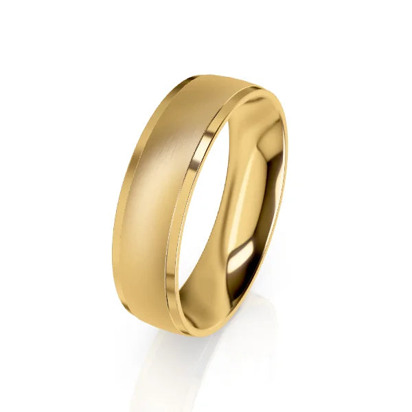 A plain yellow gold wedding band with a polished edge and a brushed center, set against a white background.