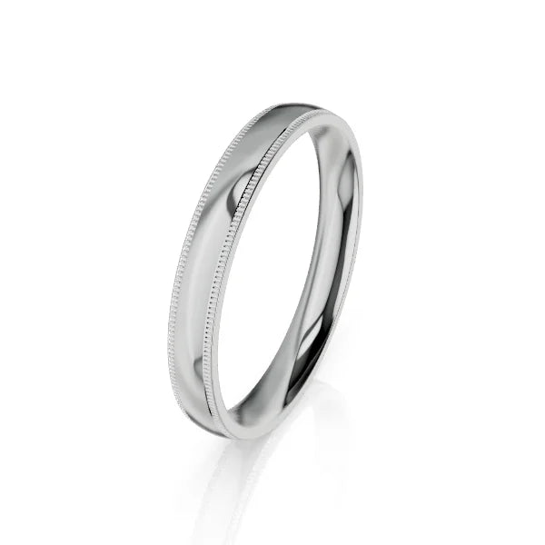 A simple, polished silver ring with a subtle milgrain edge against a plain white background.