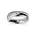 A plain, polished silver ring with a rounded shape, displayed on a white background with soft reflections.