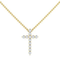Gold chain necklace with a diamond-studded cross pendant on a white background.