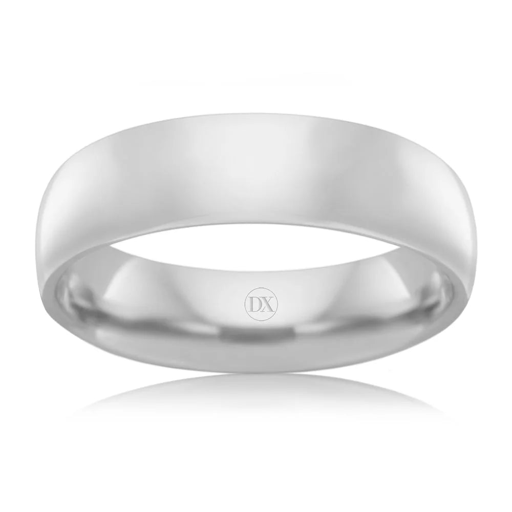 A plain, polished silver band ring with a smooth, rounded surface, reflecting light on a white background.