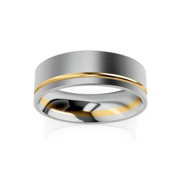 A silver ring with a brushed finish and a thin gold stripe inlaid around the center.