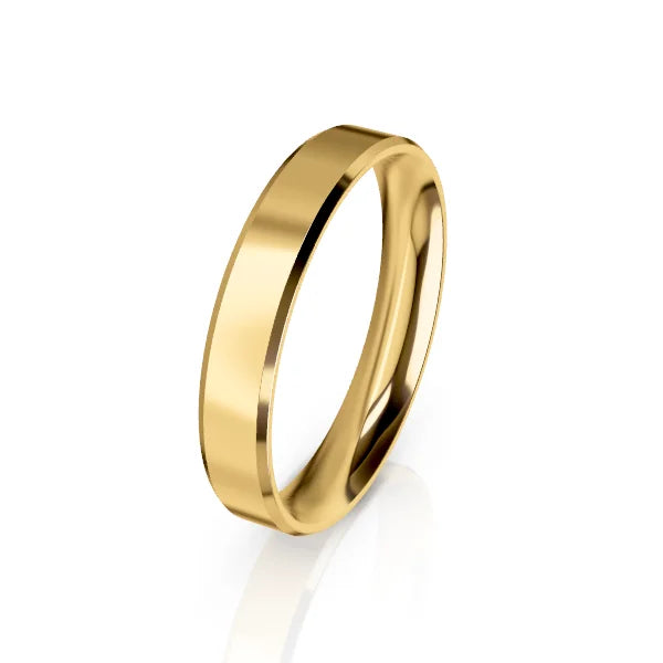 A simple, polished yellow gold band ring displayed on a white background.