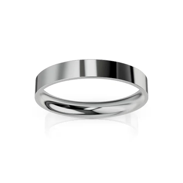 A simple, polished silver ring with a flat surface, shown against a plain white background.