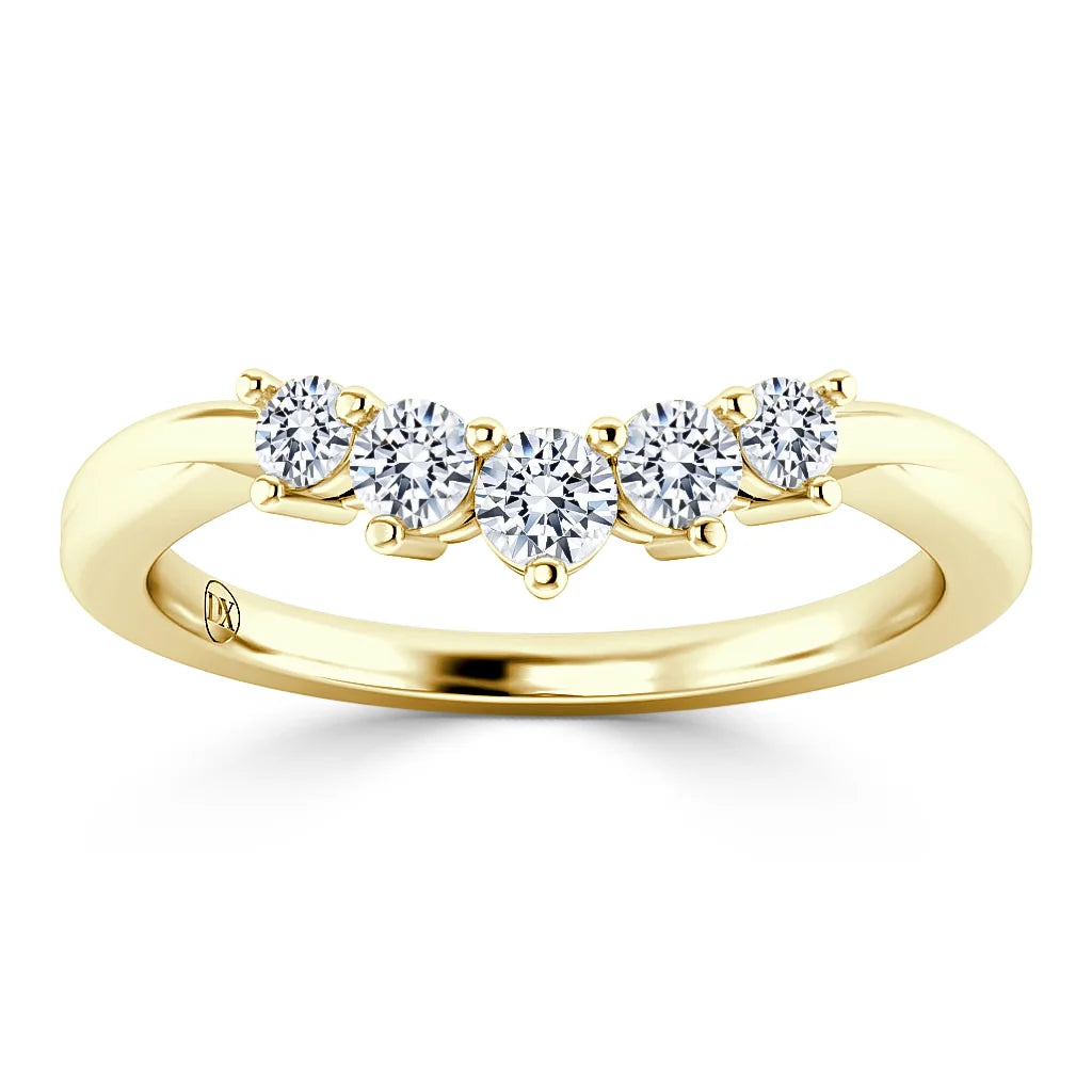 Gold ring with five round diamonds set in a row across the band, viewed from the front.