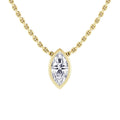 A gold chain necklace with a marquise-cut diamond pendant set in a gold bezel setting.