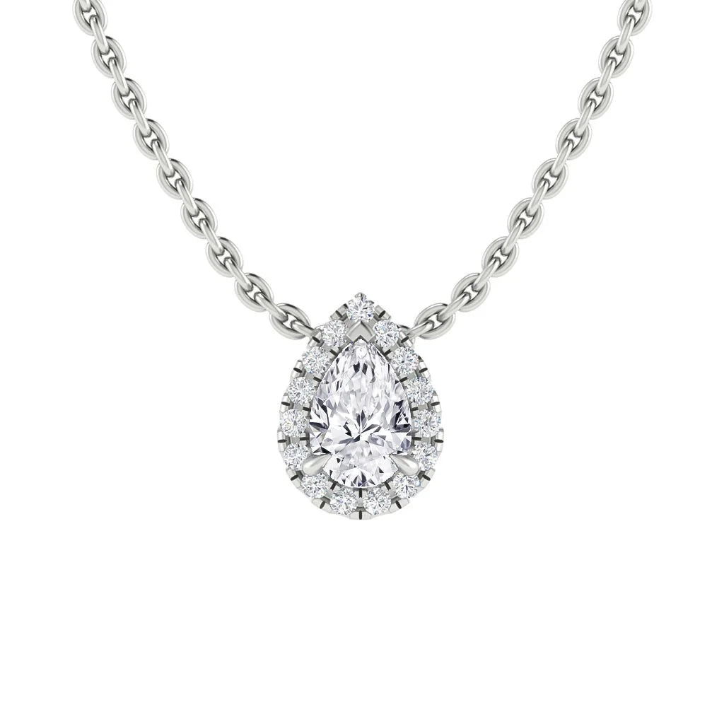 Pear-shaped diamond pendant with a diamond halo on a silver chain, displayed against a white background.