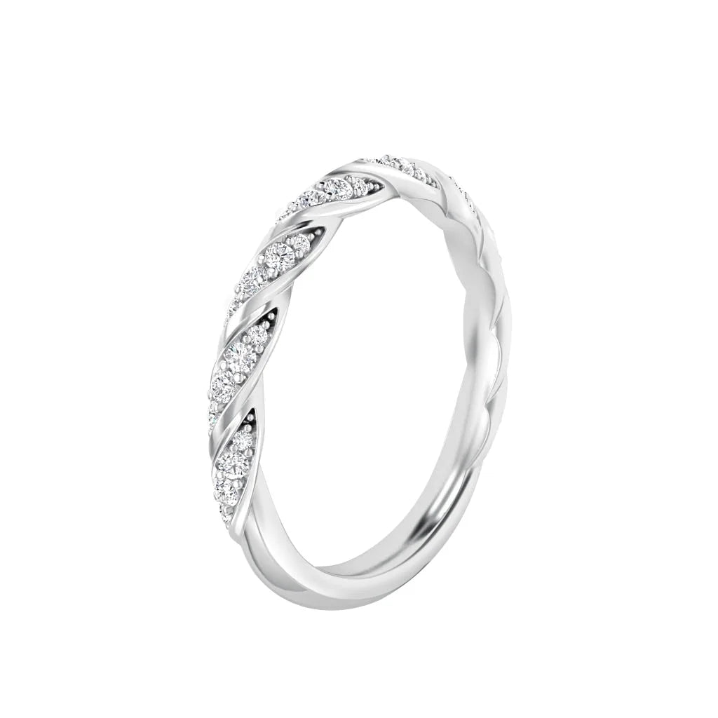 A silver ring with a twisted design, featuring alternating sections of smooth metal and small sparkling stones.