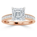 Rose gold ring with an Asscher-cut diamond center and channel-set diamonds along the band.