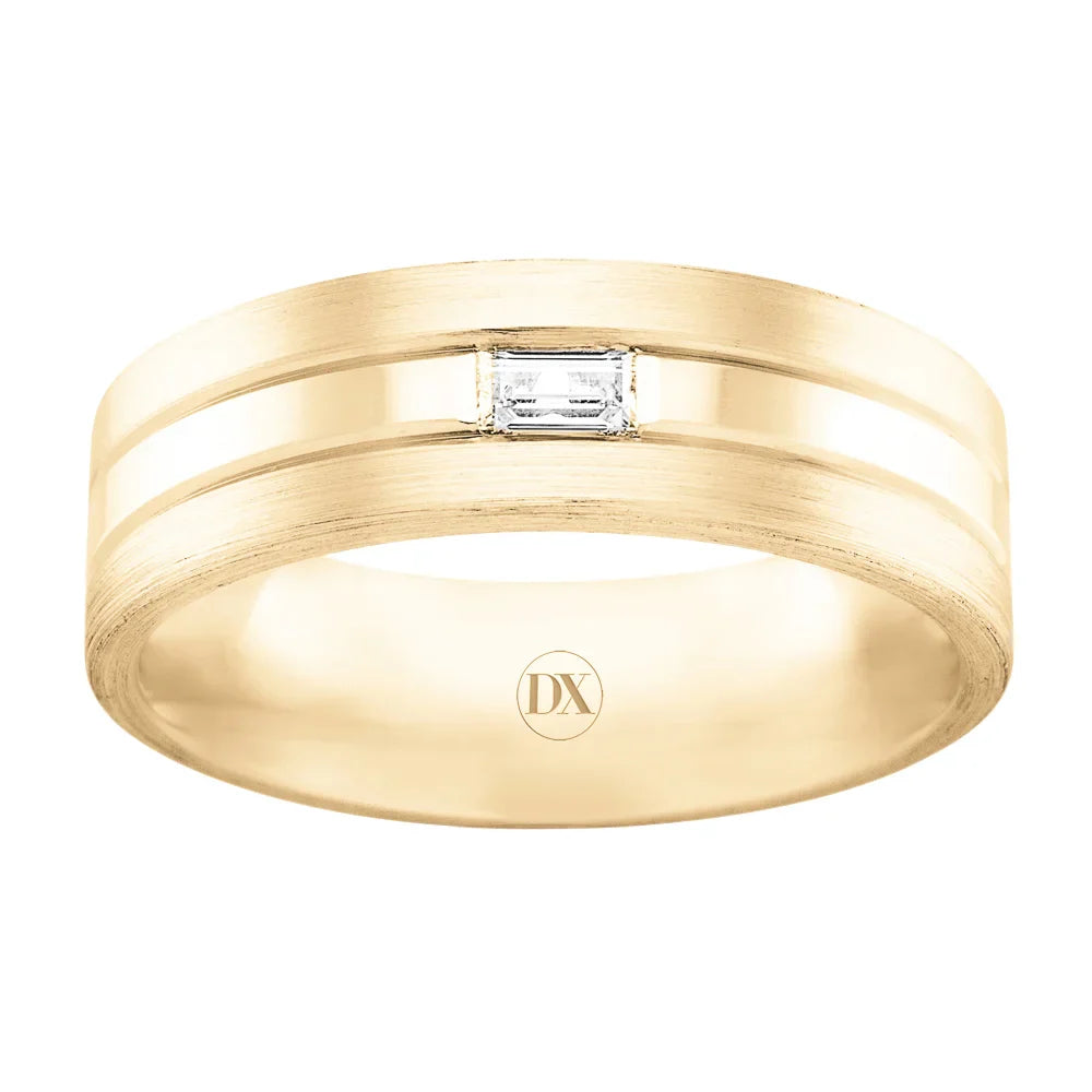 Gold band ring with a single rectangular diamond set in the center, matte and polished finish, engraved “DX” inside.