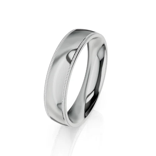 A simple silver wedding band with a polished finish and fine beaded edges, displayed on a white background.