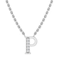 Silver chain necklace with a letter P pendant, featuring vertical embedded clear gemstones.