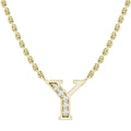 Gold chain necklace with a crystal-studded letter Y pendant, centered on a white background.