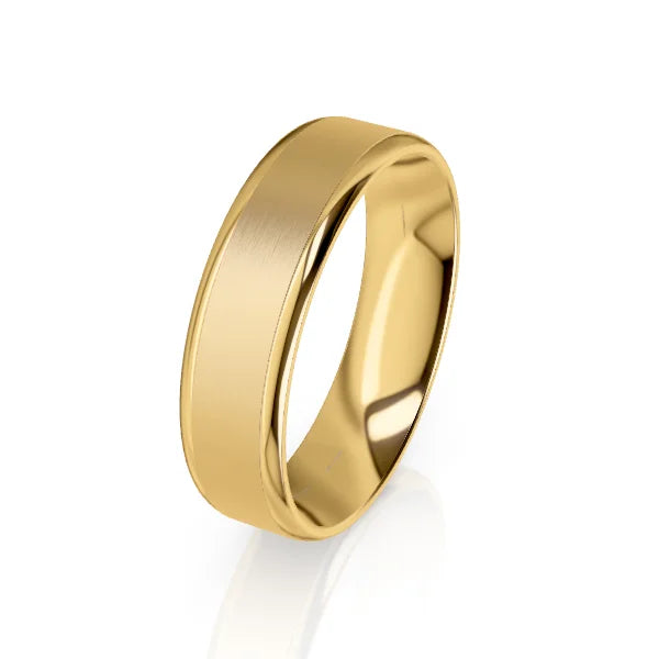 A simple, shiny gold wedding band with a smooth, polished surface on a white background.
