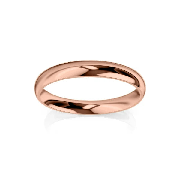 A shiny, smooth rose gold wedding band set against a plain white background.