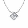Square diamond pendant with a halo of smaller diamonds on a silver chain, set against a white background.