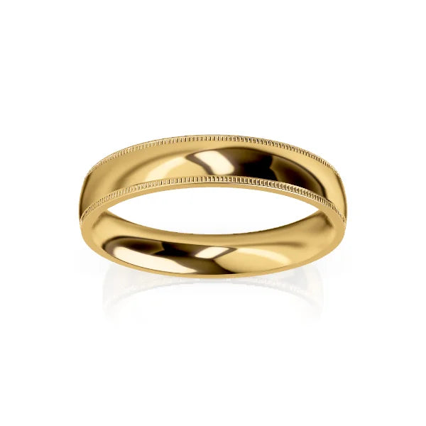 A shiny gold wedding band with a smooth finish and a thin, detailed edge, shown on a white background.
