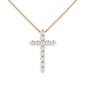 Gold beaded chain necklace with a cross pendant made of round, sparkling white diamonds.