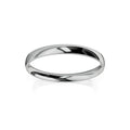 A simple, polished silver wedding band resting on a white background with a faint reflection below.