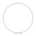 Gold tennis necklace adorned with evenly spaced round white diamonds, closed with a small clasp at the top.