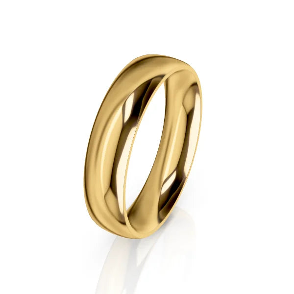 A shiny, plain gold ring with a smooth, polished surface on a white background.