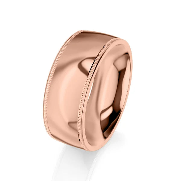 Wide rose gold ring with a polished finish and subtle milgrain edges, displayed on a white background.