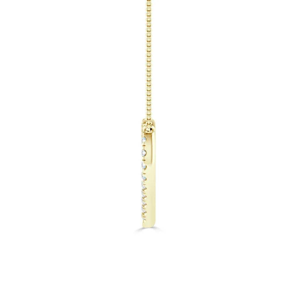 Gold necklace with a thin vertical bar pendant set with small diamonds, shown against a white background.