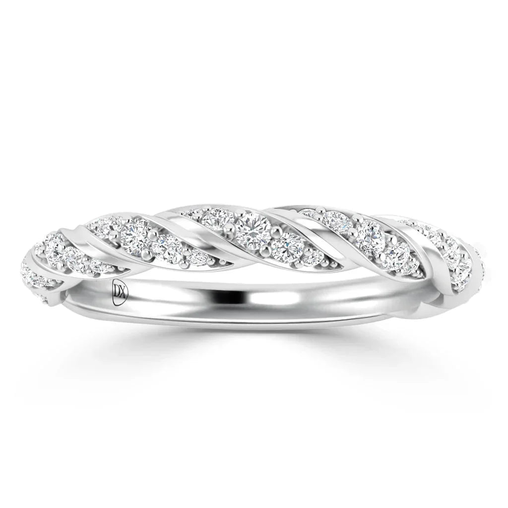 White gold ring with a twisted design, featuring rows of small, sparkling diamonds across the band.