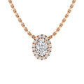 Rose gold chain with an oval diamond pendant surrounded by a halo of smaller round diamonds.