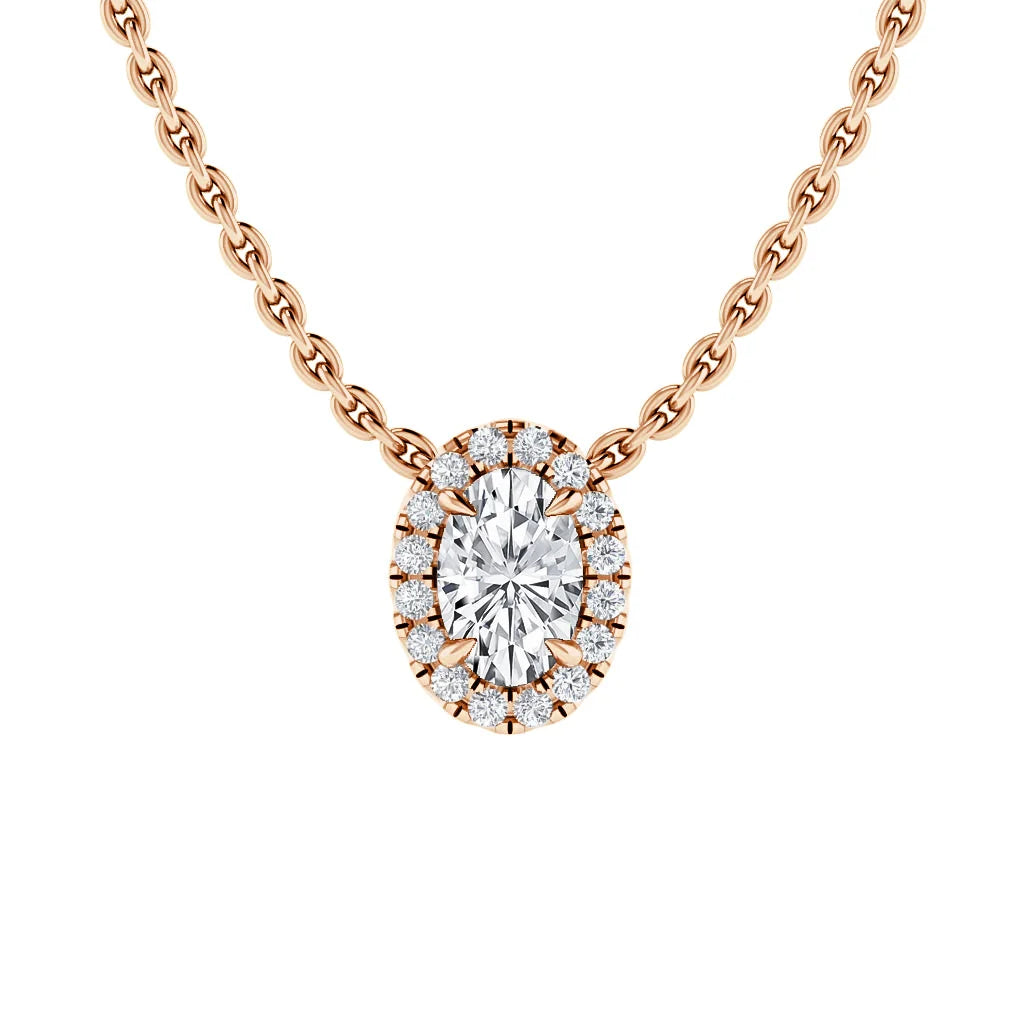 Rose gold chain with an oval diamond pendant surrounded by a halo of smaller round diamonds.