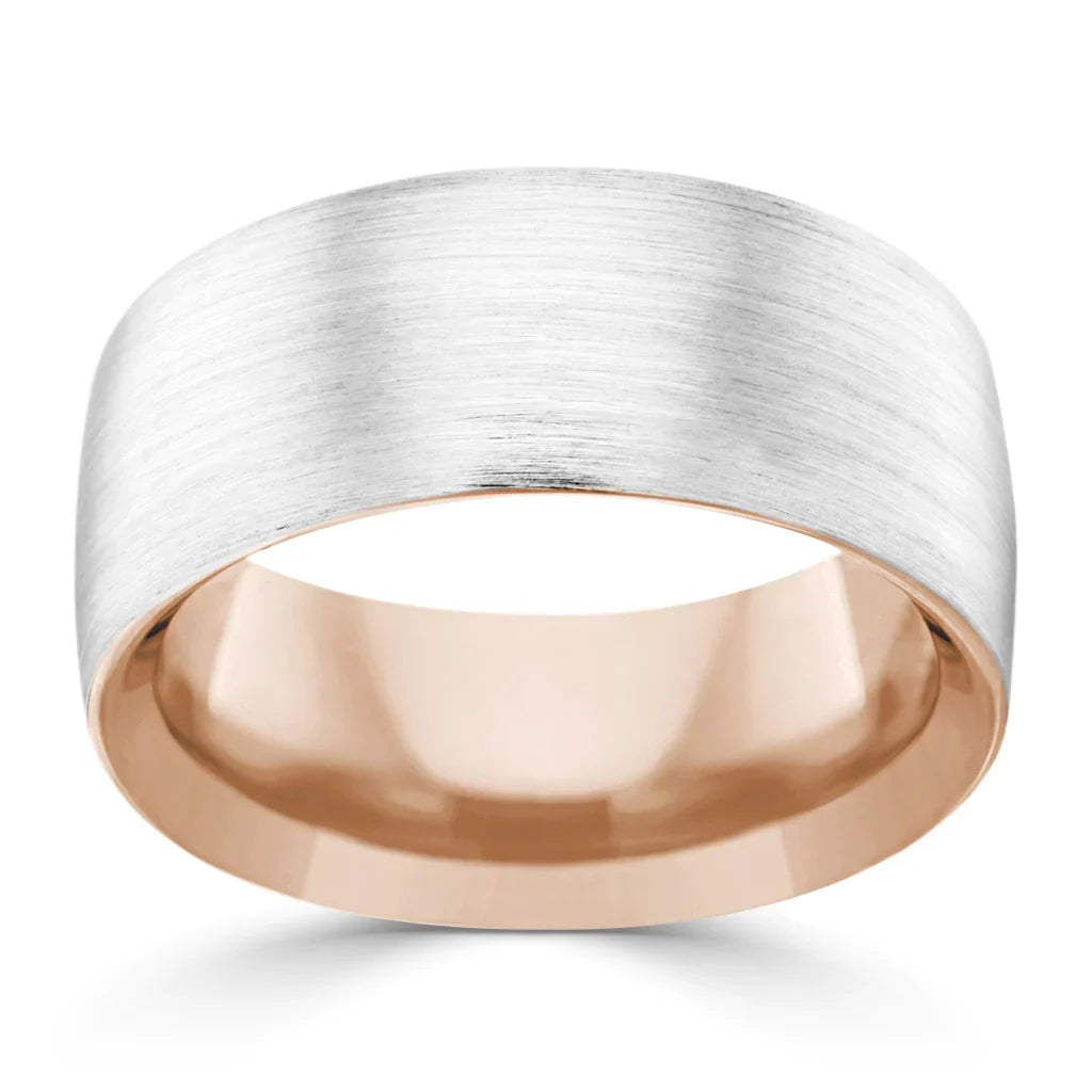 Wide band ring with a brushed silver exterior and a polished rose gold interior, simple and modern design.