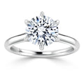 A silver ring with a large round diamond in a six-prong solitaire setting on a plain band.