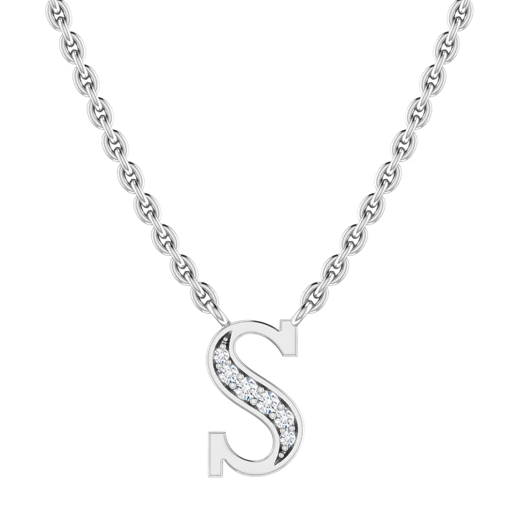 Silver chain necklace with a diamond-studded letter S pendant, shown on a white background.