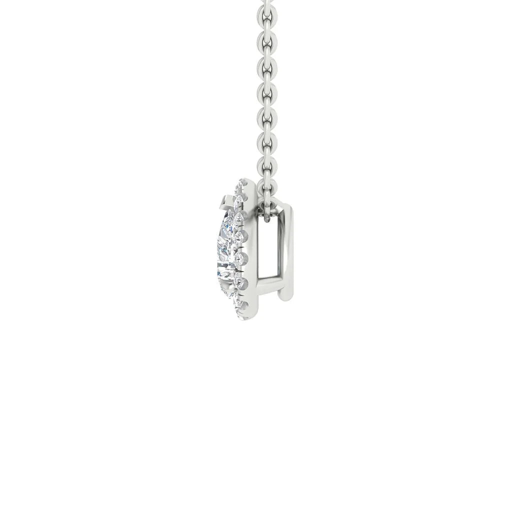 Side view of a silver necklace chain with a pendant featuring a row of small, sparkling clear gemstones.