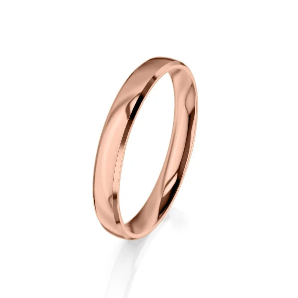 A simple, polished rose gold band ring is displayed on a white background.