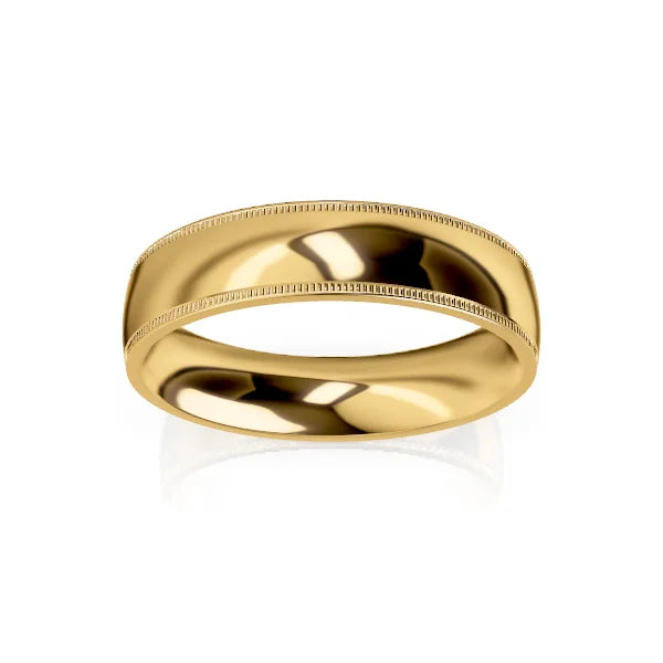A polished gold wedding band with subtle milgrain detailing along the edges, shown on a white background.
